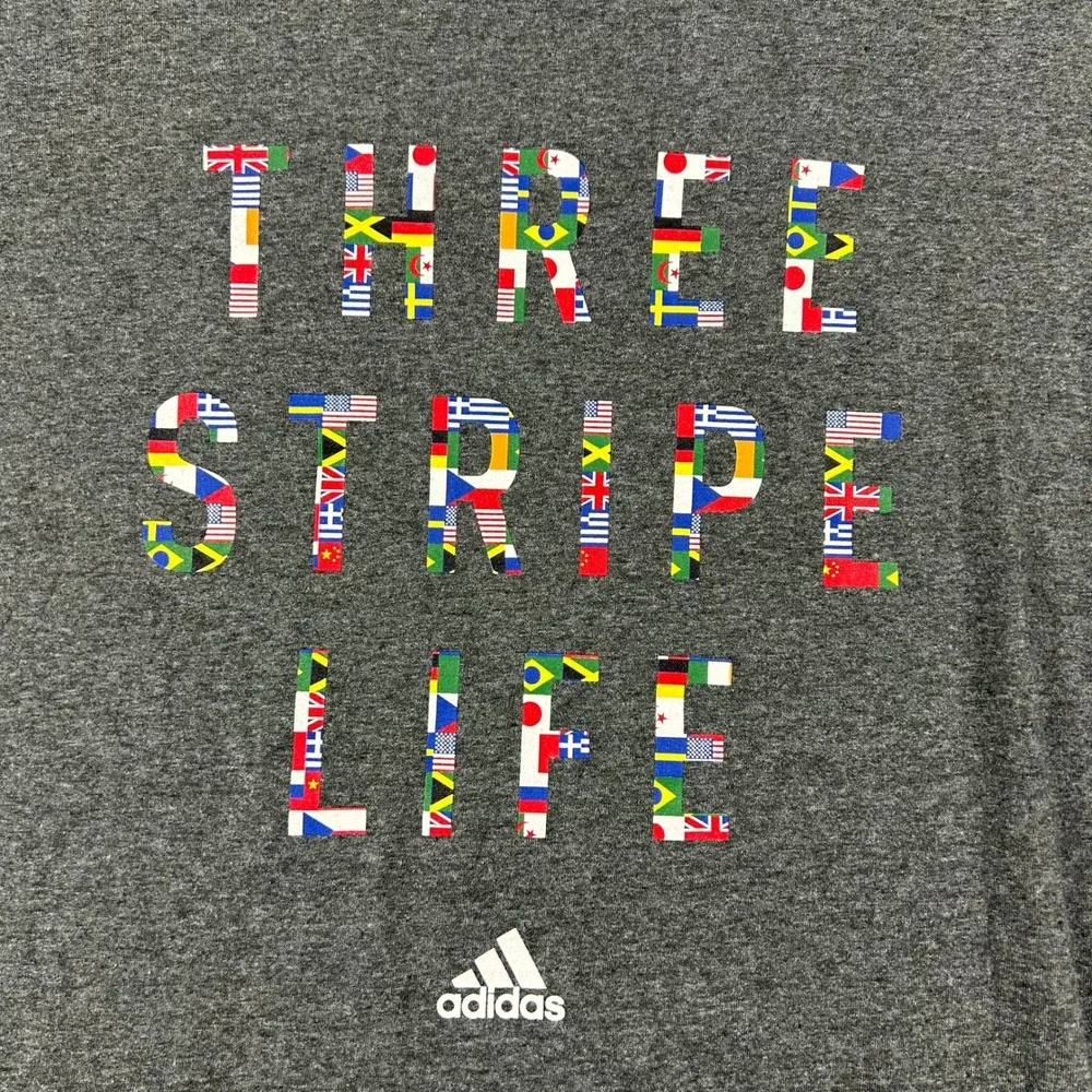Adidas T-Shirt Mens XL Gray Three Stripe Life International Flags Go-To‎ Tee
